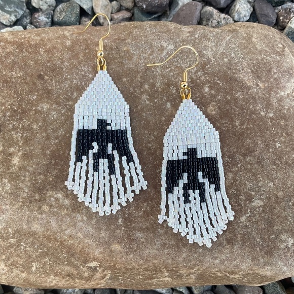 White and Black Thunderbirds Beaded Earrings with Fringe, New, Handmade by Me - Picture 2 of 5